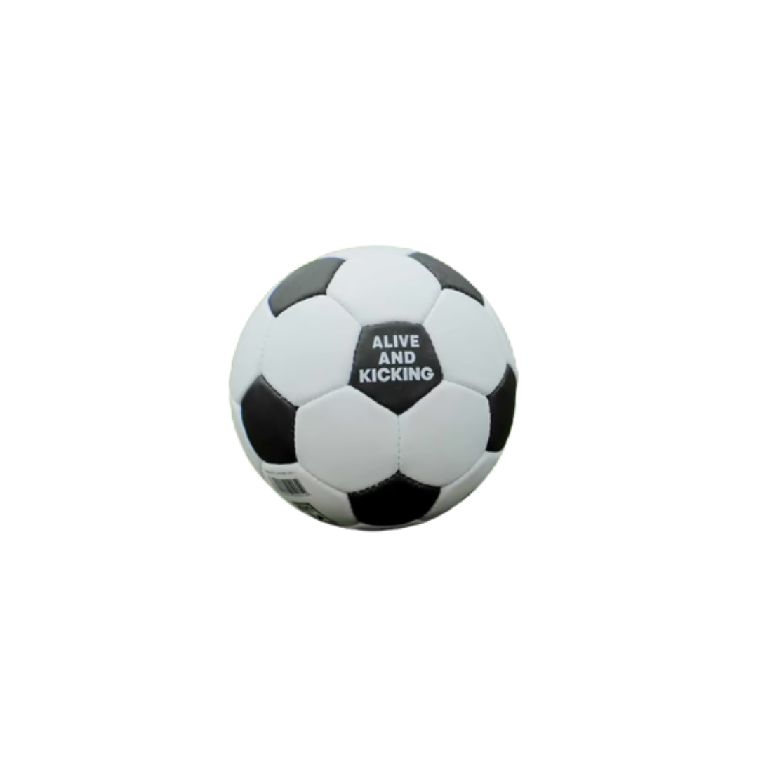 Schwarz-weißer Soundball mit dem Text „Alive and Kicking“ auf weißem Hintergrund
