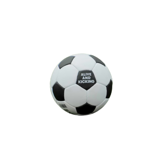 Schwarz-weißer Soundball mit dem Text „Alive and Kicking“ auf weißem Hintergrund